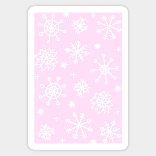 White Doodle Snowflakes Pattern on a Light Pink Background, made by EndlessEmporium Magnet